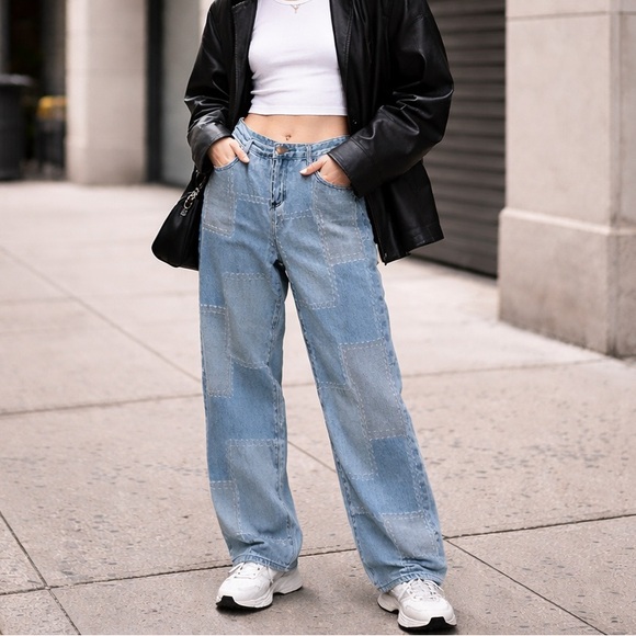 n/a Denim - Patchwork Denim Jeans high rise straight leg 90’s grunge wide leg light wash 30